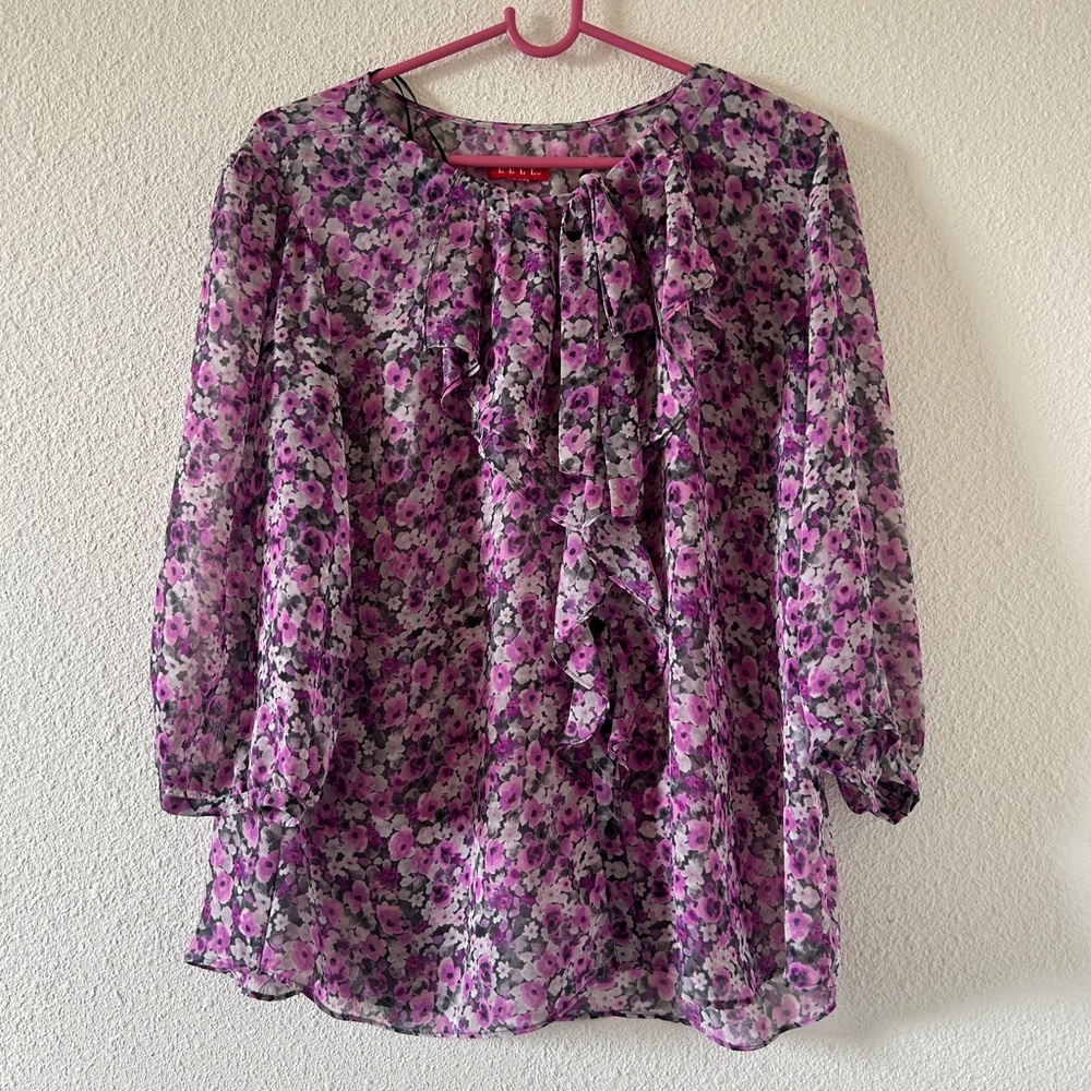 Else Sheer Floral Button Up Spring Artsy Party Brunch Ruffle Fits Women’s Large